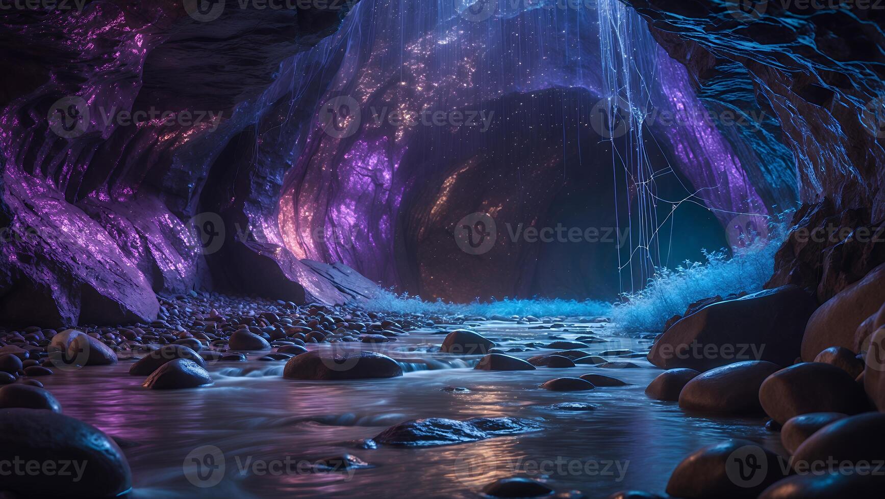 River Flowing Through a Glowing Cave with Colorful Lights photo