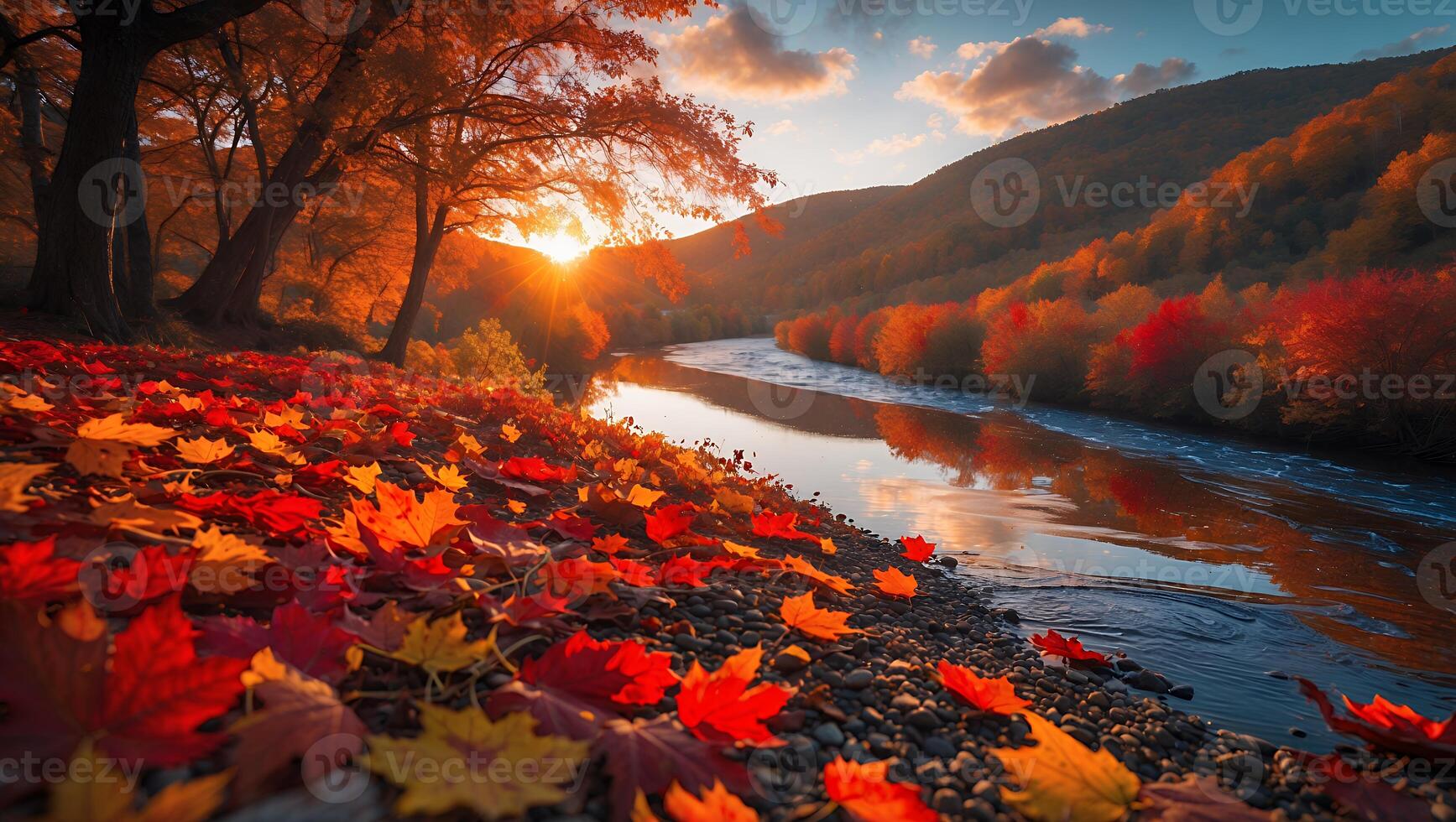 Autumn Leaves by Riverbank at Sunset with Forest and Mountain photo