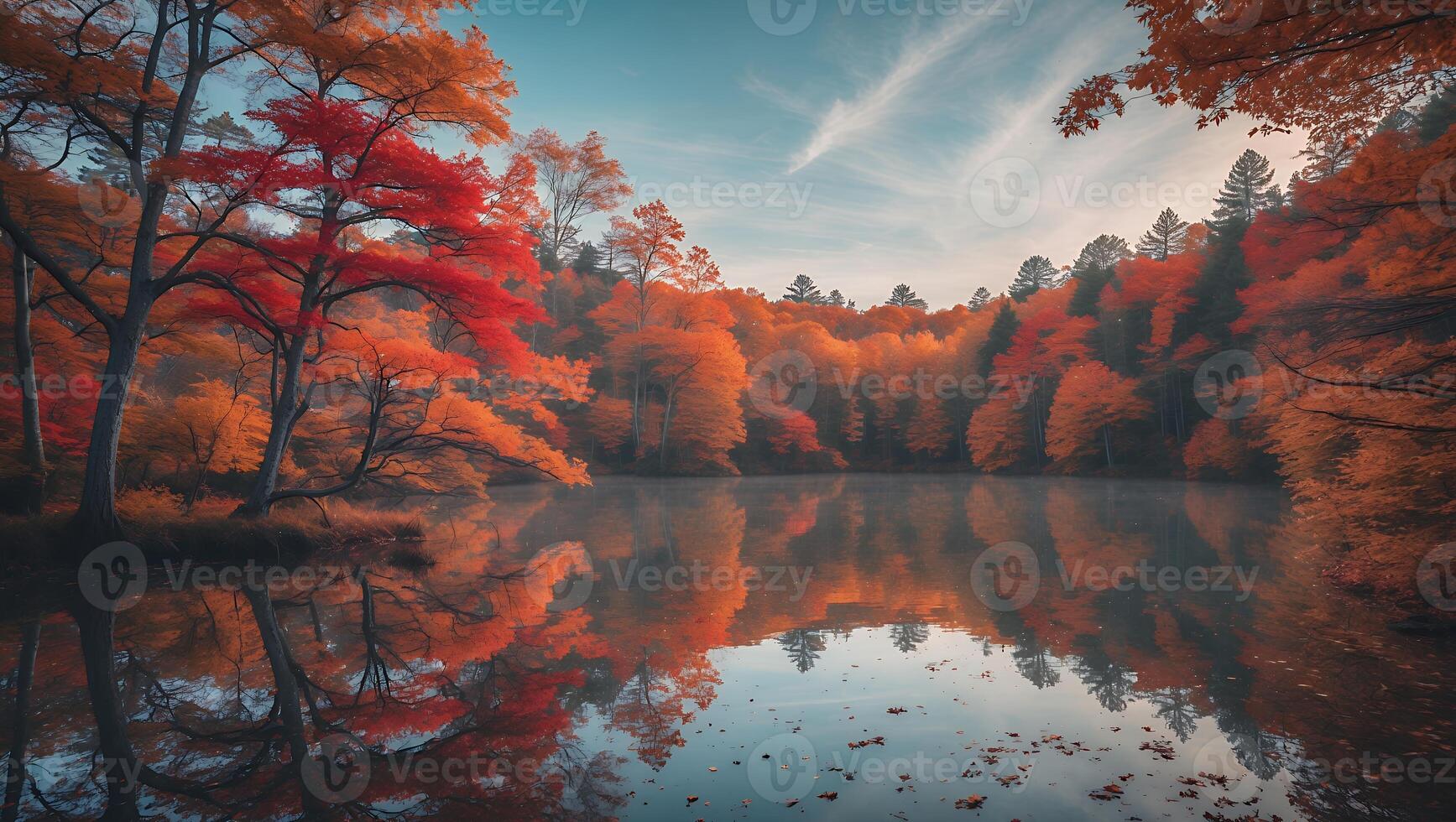 Reflecting Autumn Trees Over Calm Lake Water on a Sunny Day photo