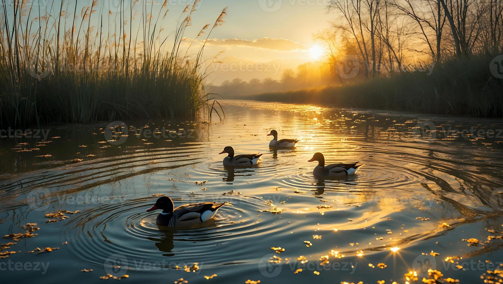 Ducks Swimming Calmly on River at Golden Hour Sunset Reflection photo
