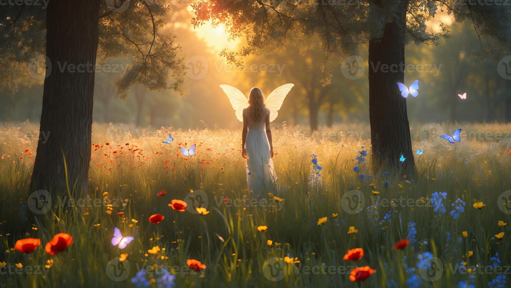 Person with Wing Walking Through Flower Meadow at Sunset photo