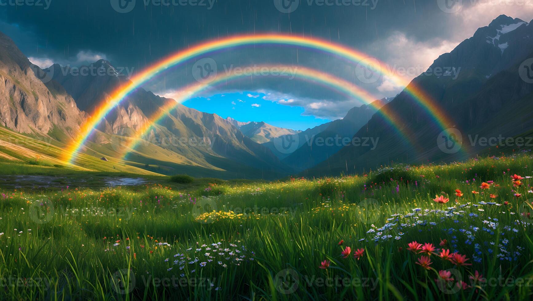 Rainbow Over Mountain Valley with Wildflowers and Rain Showers photo