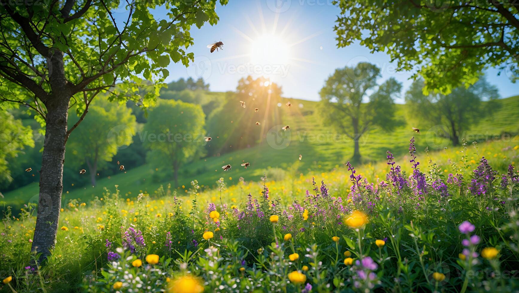 Blooming Meadow with Flying Insects and Green Trees at Sunrise photo