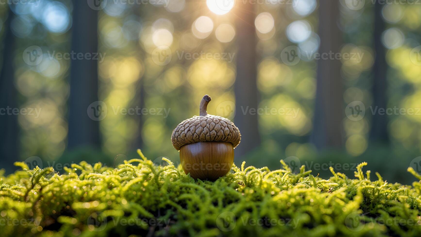 Acorn Resting on Moss in Forest with Sunlight Streaming Through Trees photo