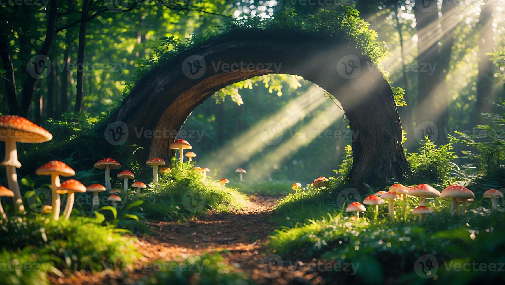 Magical Forest Path with Mushrooms and Sunbeams Shining Through Trees photo