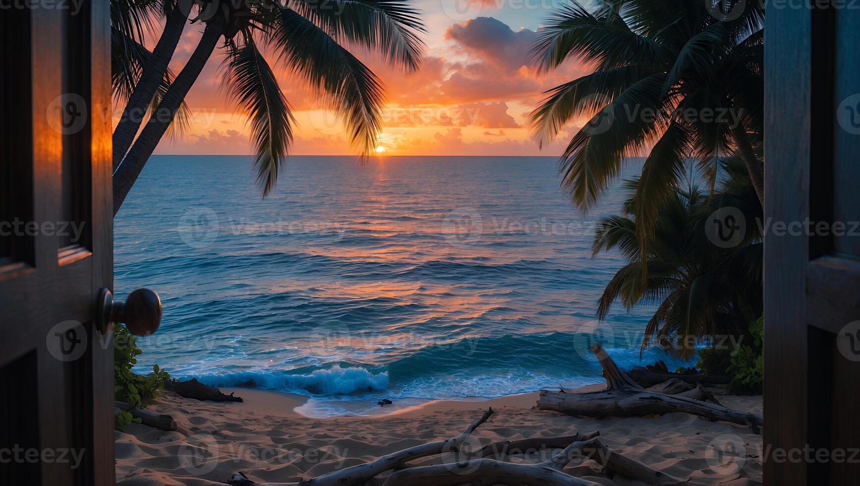 Open Doorway to Tropical Beach at Sunset with Palm Trees photo