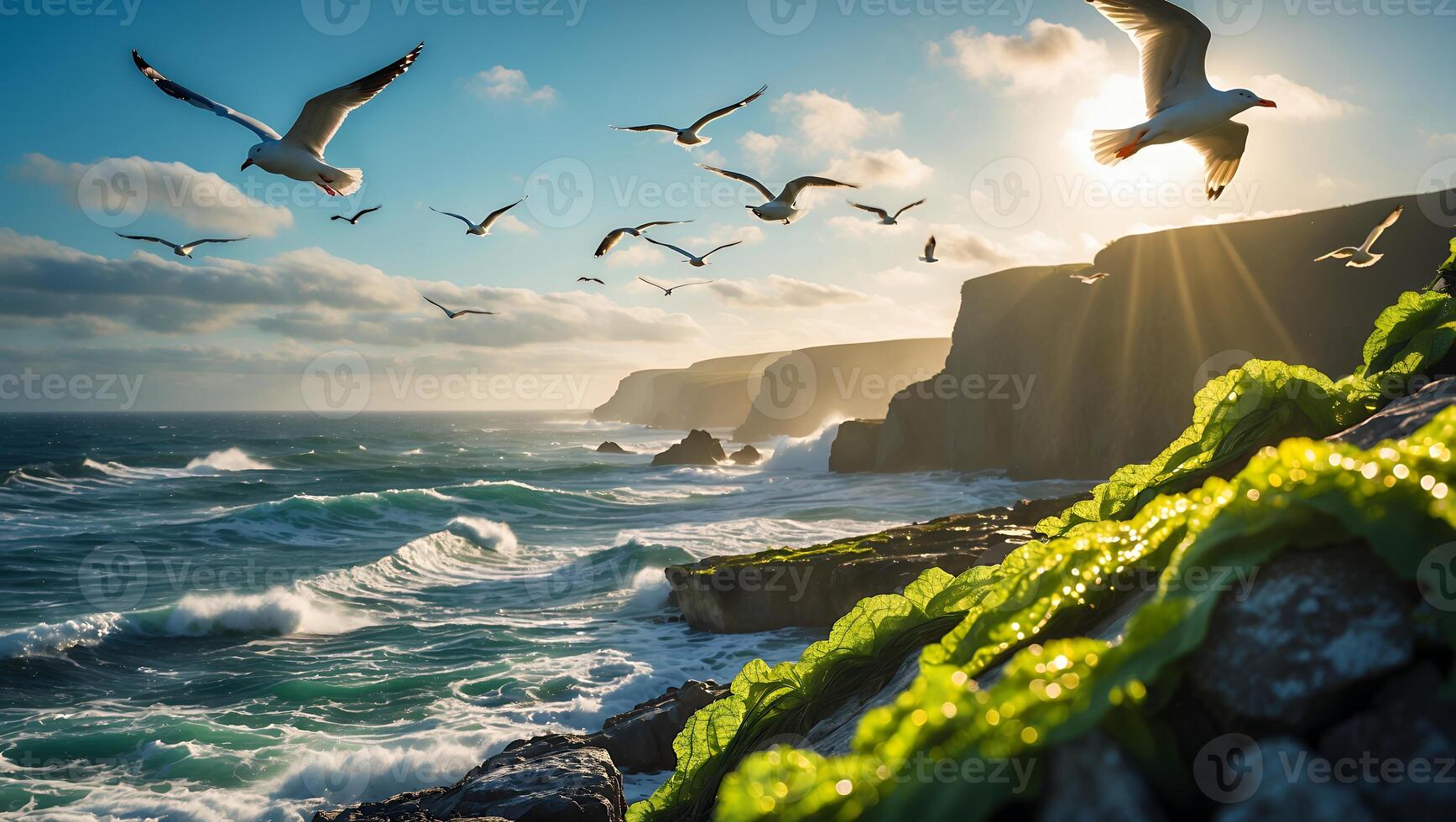Seagulls Flying Over Ocean Waves Crashing Cliffs at Sunny Coastline photo
