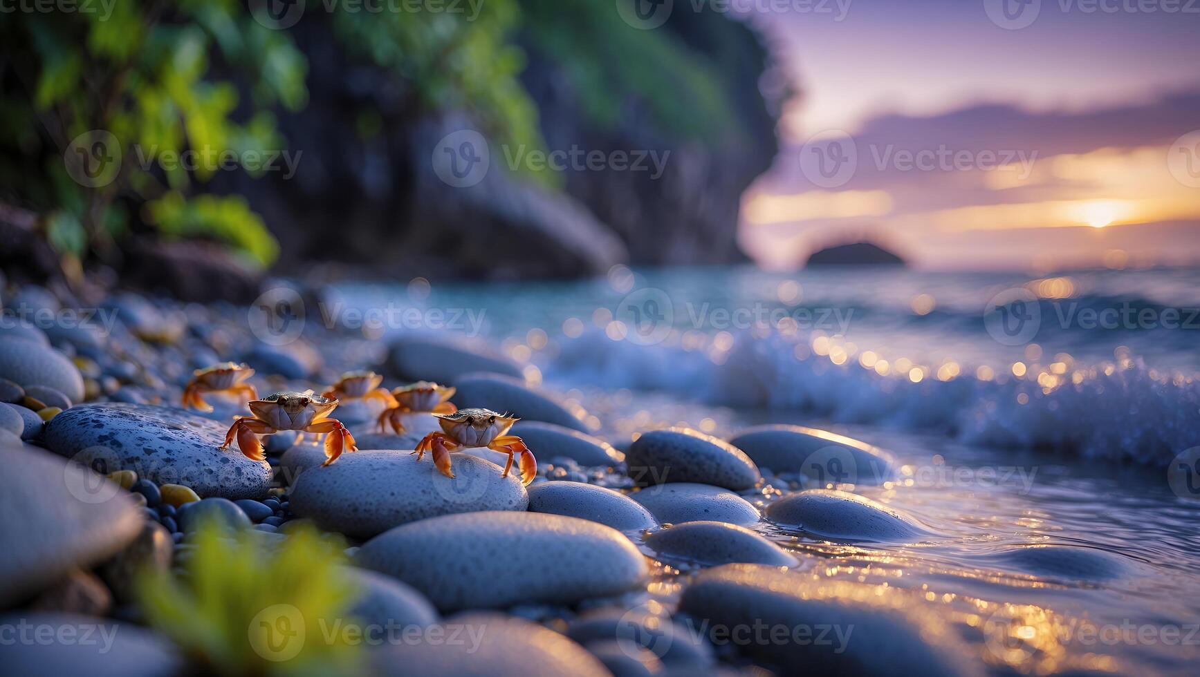 Crabs Exploring Pebble Beach at Sunset Ocean Waves and Cliffs photo