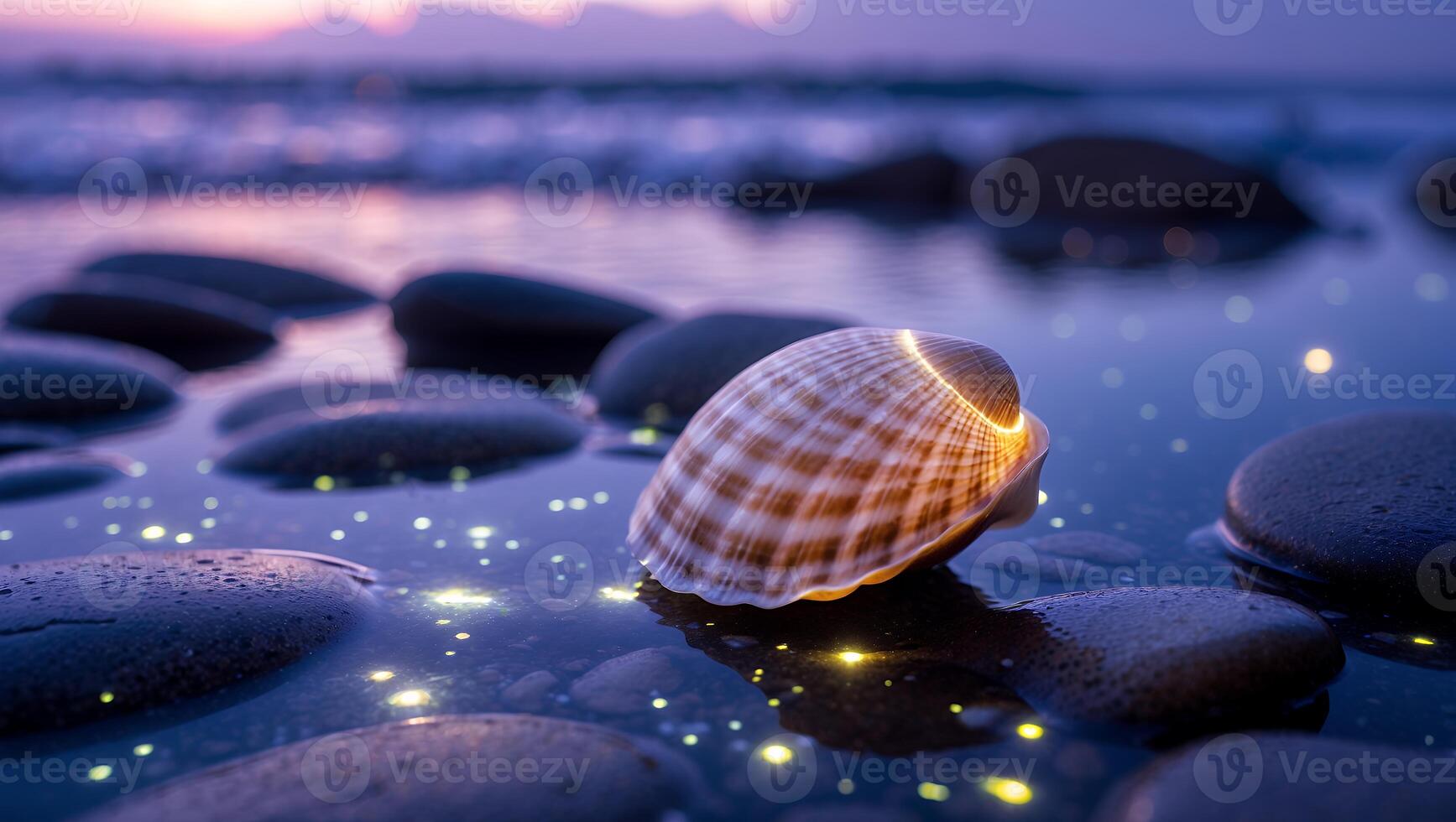 Seashell on Wet Pebbles Glowing During Sunset at Calming Beach photo
