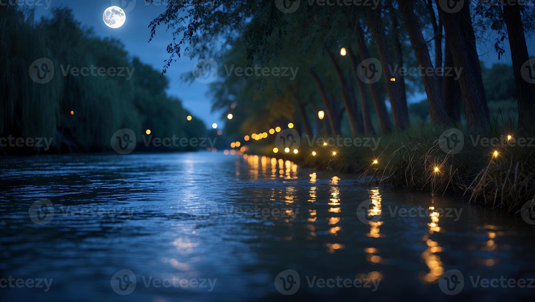 River at Night with Lights Reflecting and Full Moon Above Trees photo
