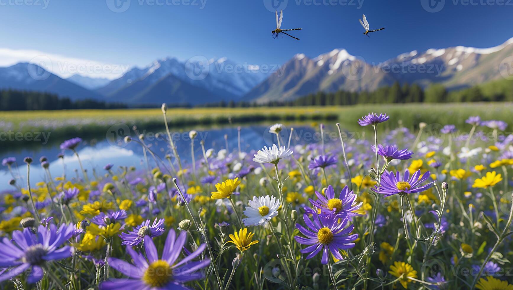Scenic Mountain Landscape with Wildflowers, Lake, and Dragonflies Flying photo