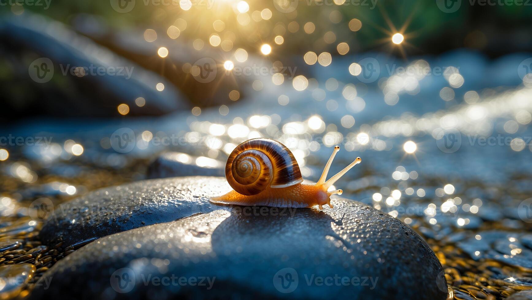 Snail on Rock by Sparkling Stream Adventure in Nature Landscape photo