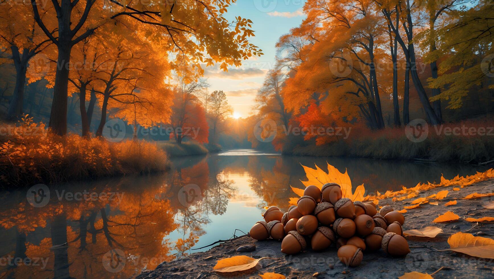 Acorns and Autumn Leaves Near Peaceful River at Sunset Landscape photo