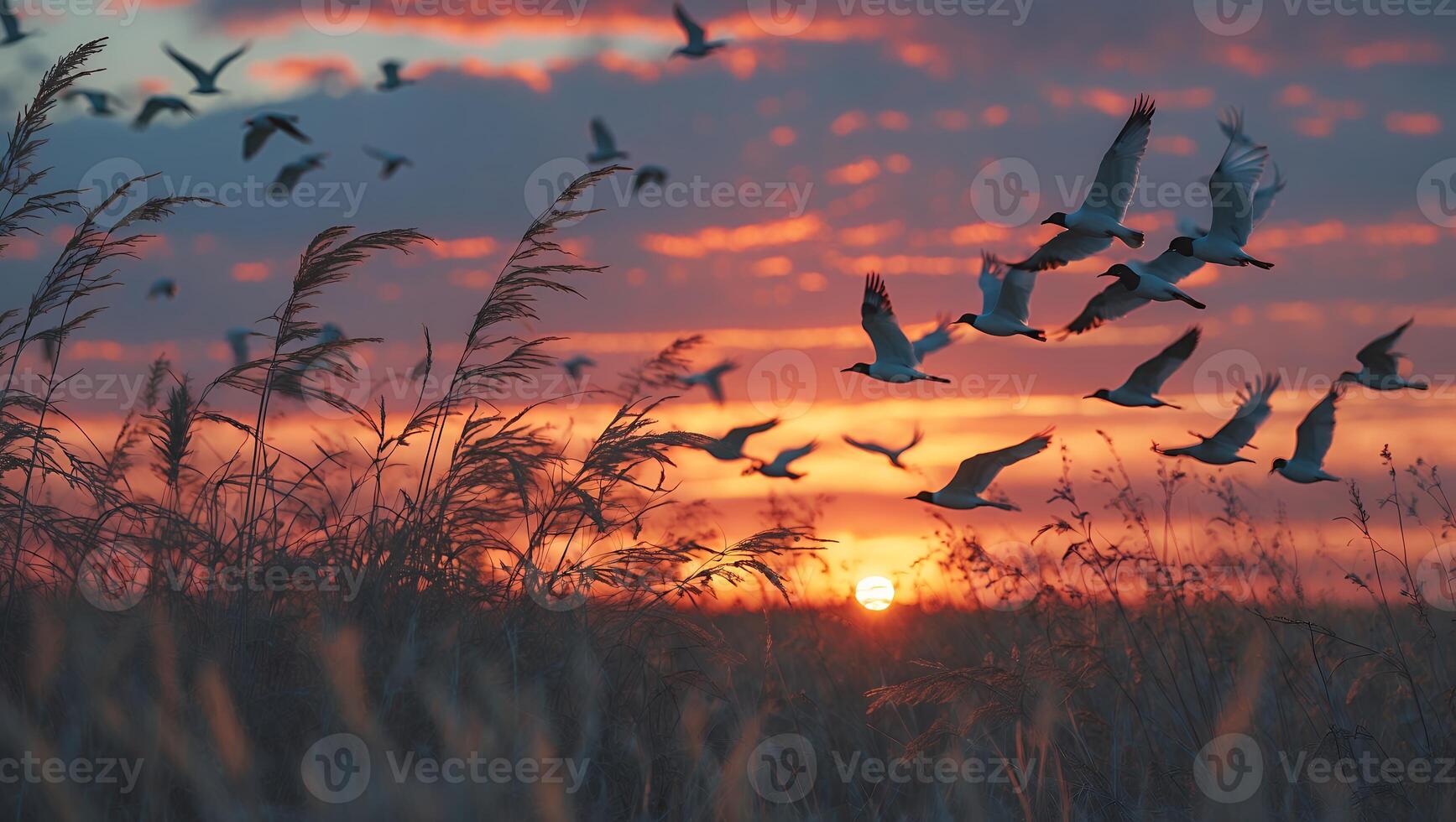 Birds Flying at Sunset Across a Field of Grasses and Warm Sky photo