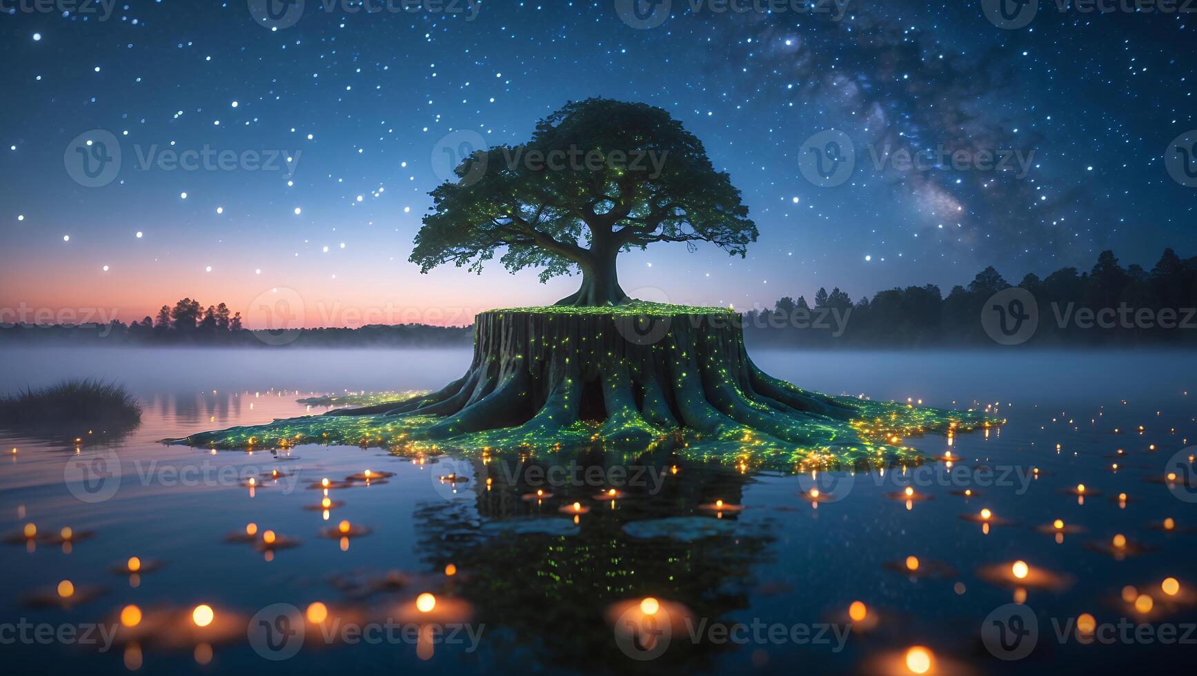 Tree Growing on Stump in Water Under Starry Night Sky photo