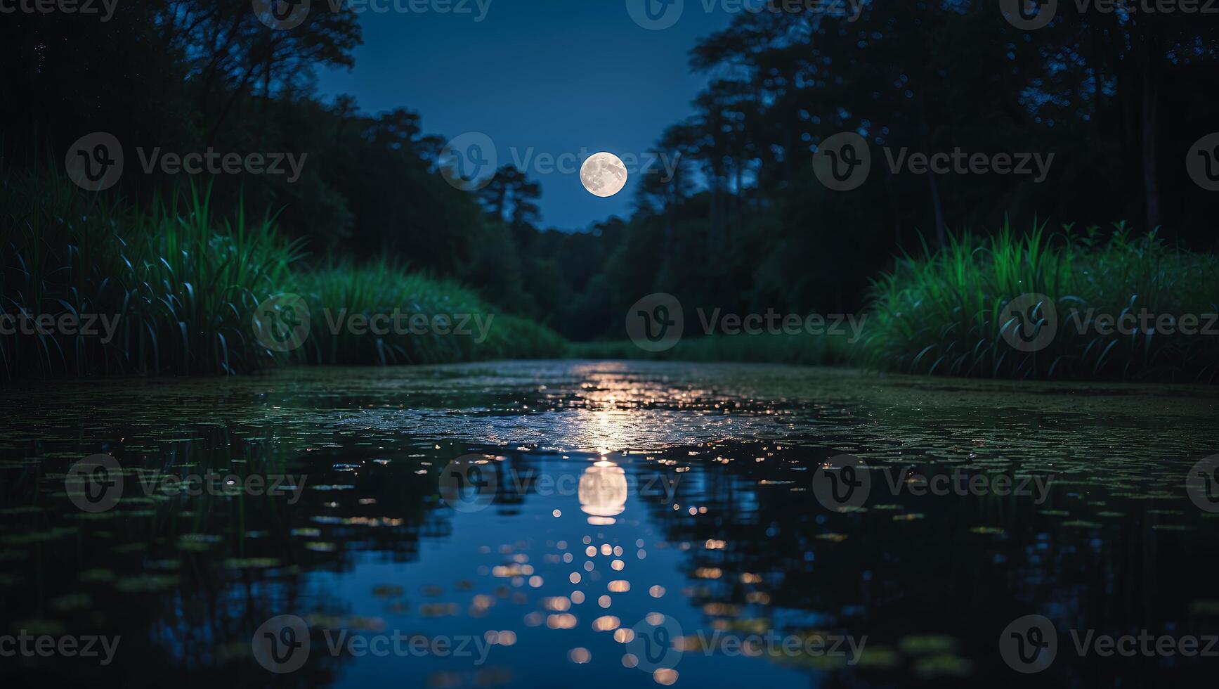 Full Moon Reflecting on Water in Forest Setting at Night photo