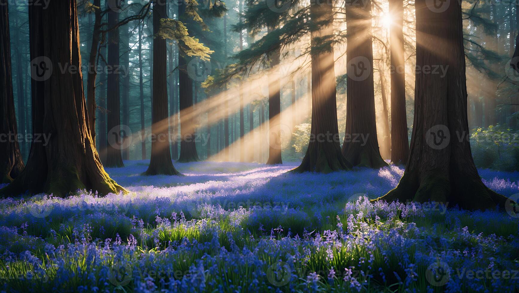 Sunlight Streaming Through Forest with Blue Flowers and Tall Trees photo