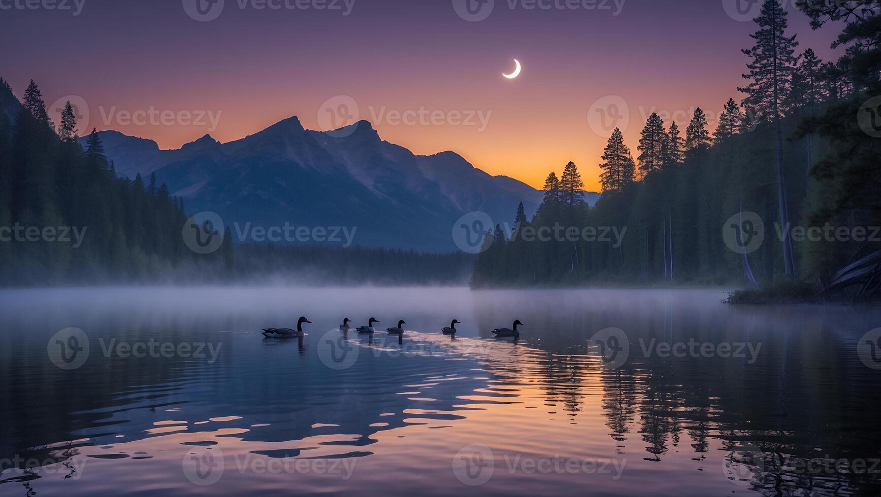 Geese Swim on Mountain Lake Under Crescent Moon at Dusk photo