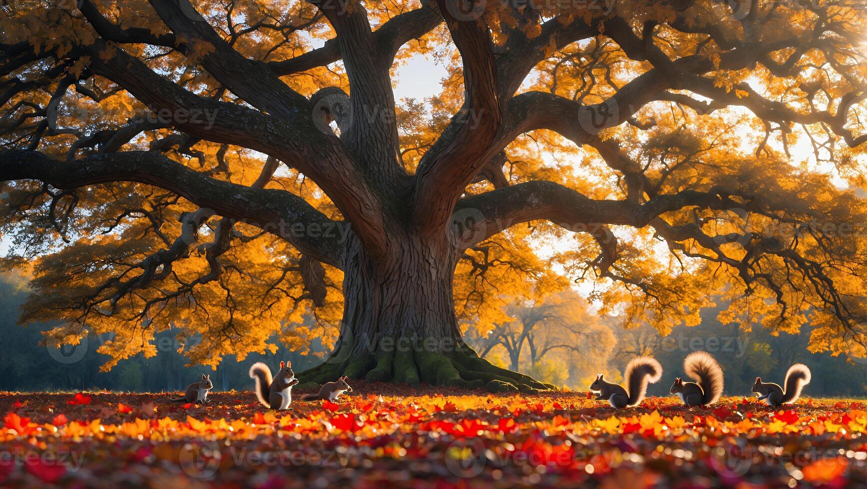 Squirrels Gathering Under Large Tree with Fall Foliage Landscape photo