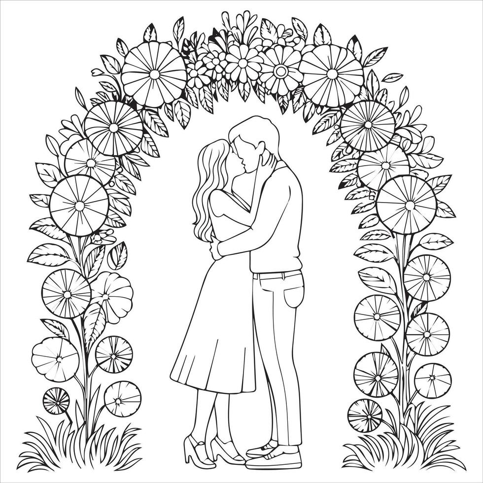Wedding Couple Line Art Illustration Romantic Bride and Groom Design for Sublimation vector