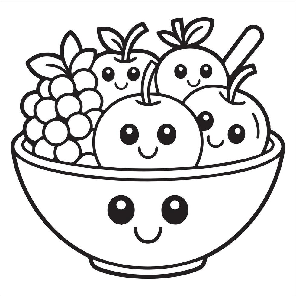 fruit salad bowl Kawaii food Line art illustration, Kawaii fast food Design Sublimation vector