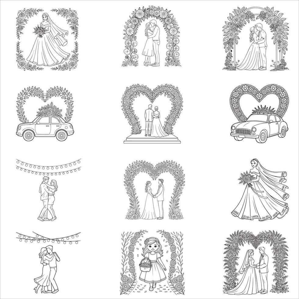 collection of Sublimation Design of Wedding Couple Line Art Romantic Bride and Groom Illustration vector