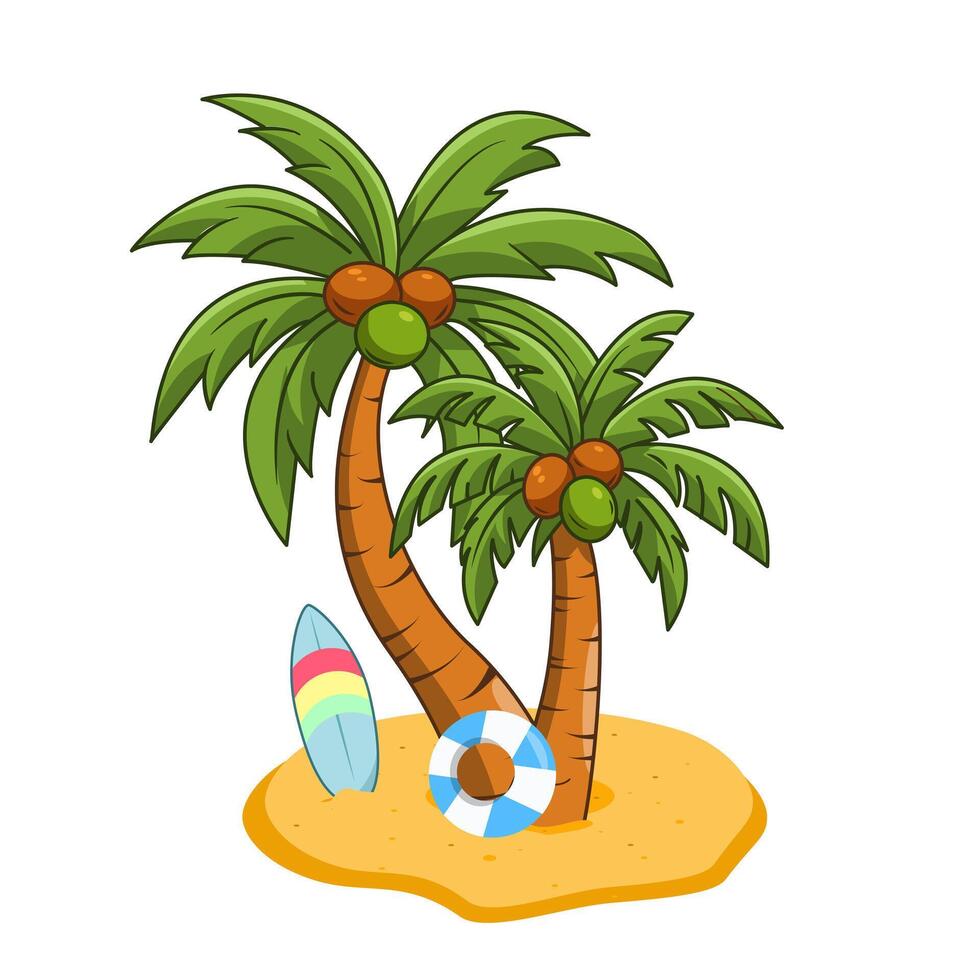 Coconut Trees, Beach Buoy on sands, and Surfboard in the Paradise Island Illustration vector