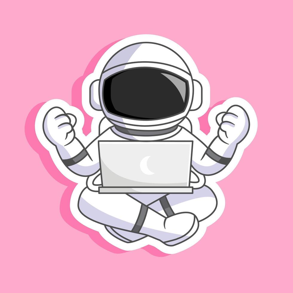 Sticker of Astronaut celebrating success while using a laptop in space illustration cartoon design vector