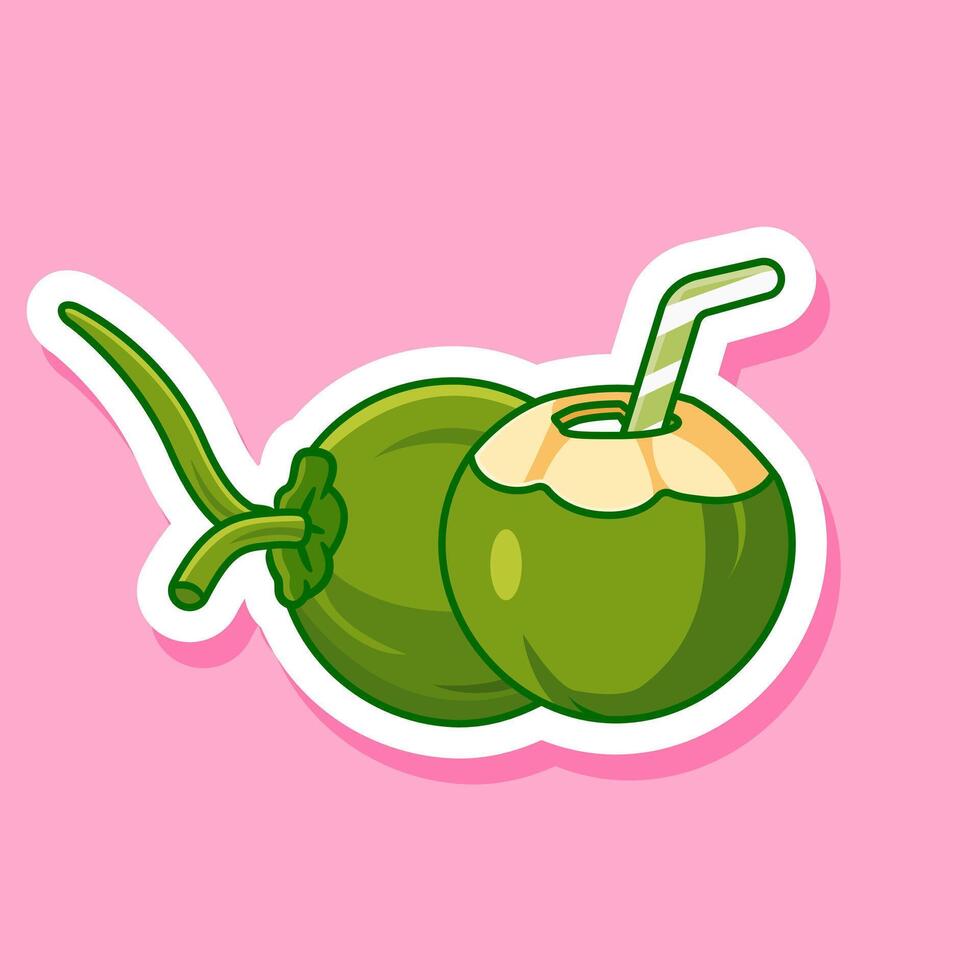 Sticker of Fresh Green Coconuts with a Straw for a Refreshing Tropical Drink Illustration Cartoon Design vector