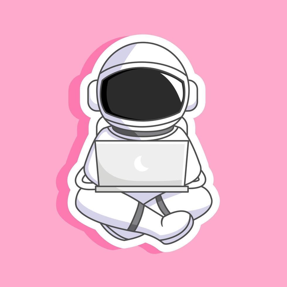 Sticker of Cute Astronaut Working on Laptop in Space Illustration Cartoon Design vector