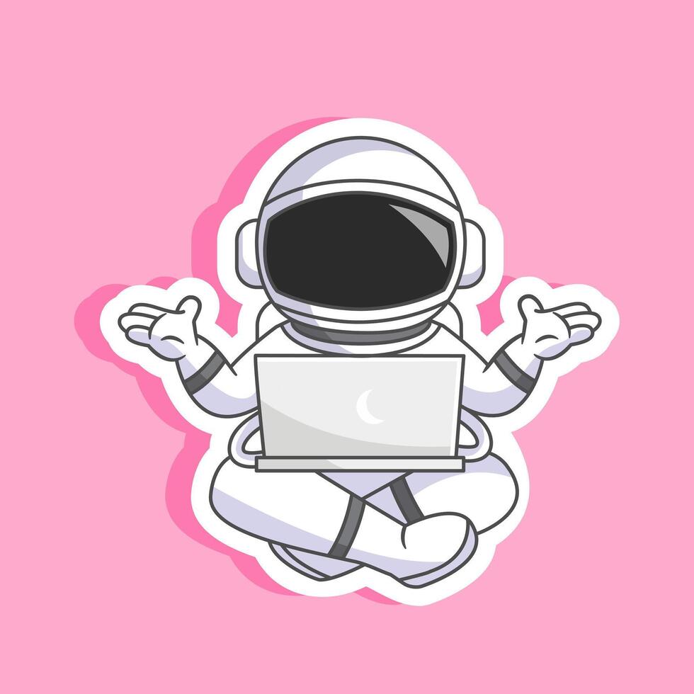 Sticker of Confused Astronaut with Laptop in Space Illustration Cartoon Design vector
