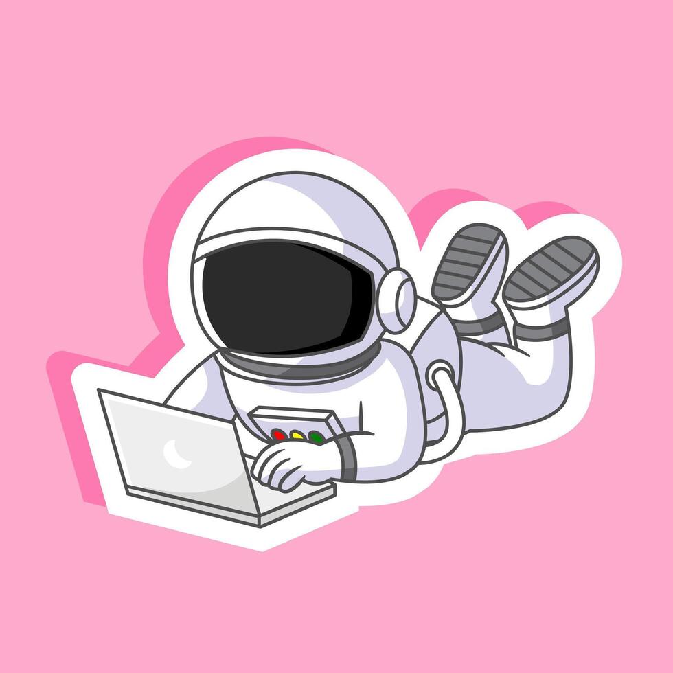 Sticker of Cute Astronaut Lying Down Pose Working on Laptop Illustration Cartoon Design vector