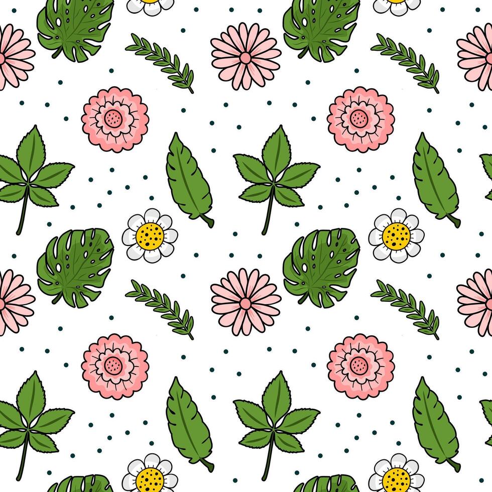 cartoon floral seamless pattern with leaves vector