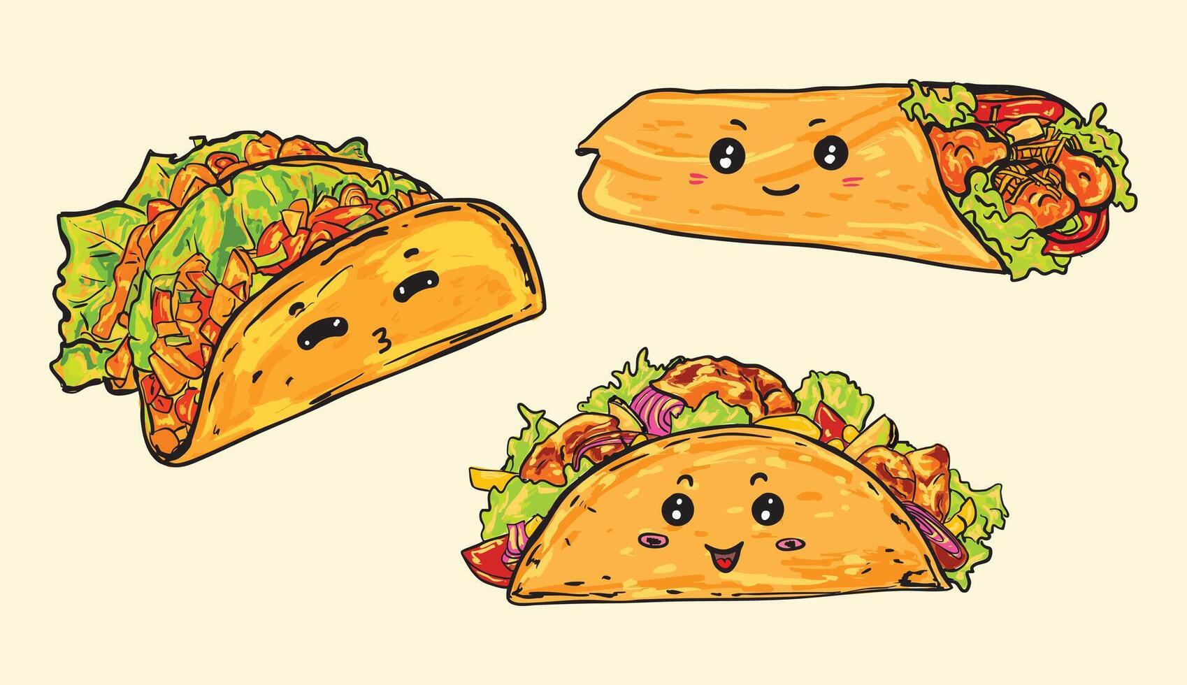 Kawaii Tacos and Burrito Cartoon Set vector