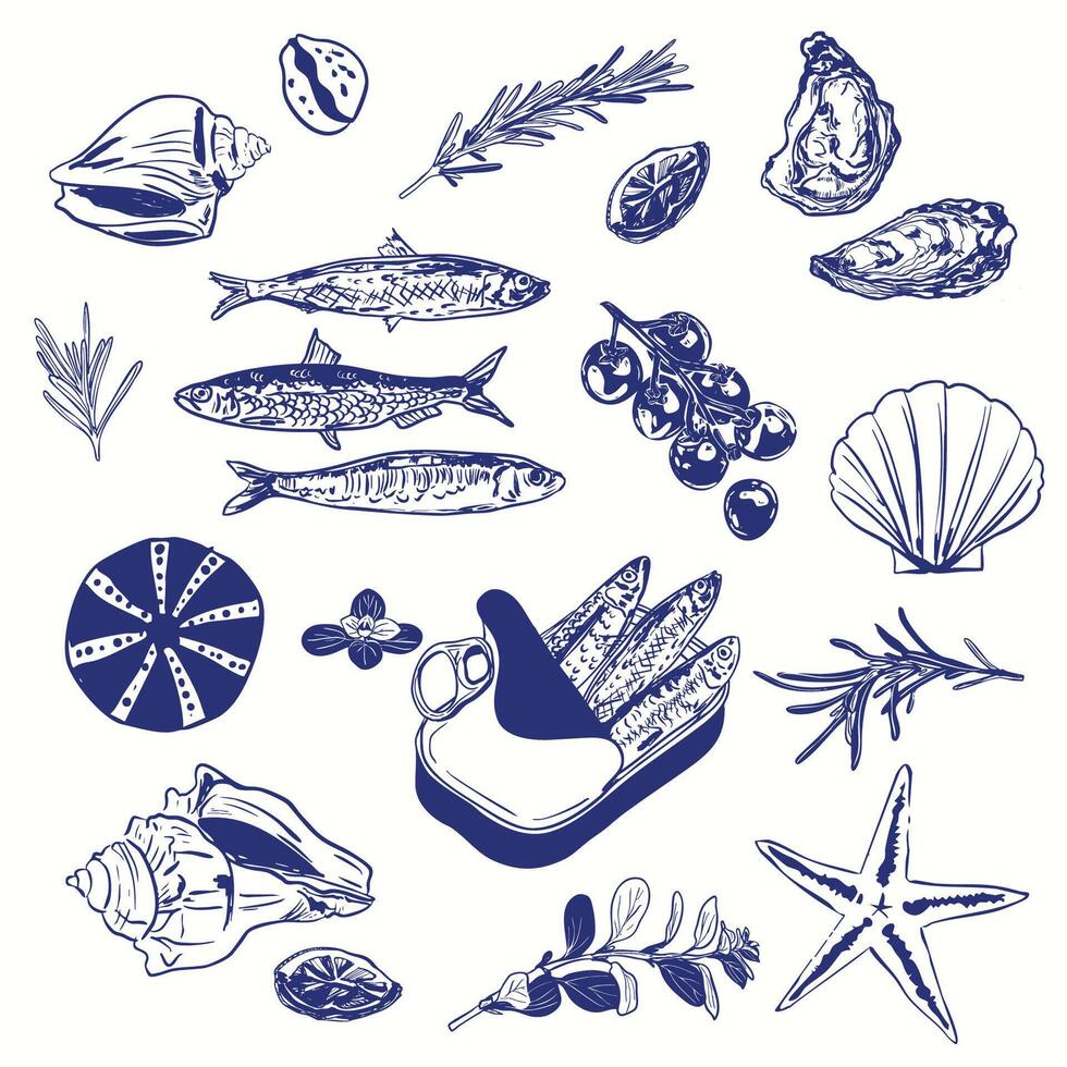 Mediterranean Vintage Food and Sea Elements Illustration Set vector