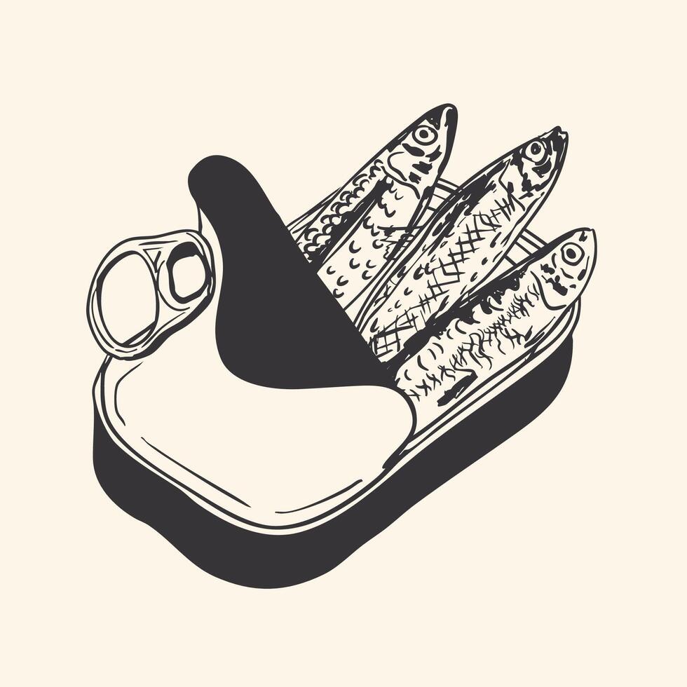 Black and White Hand-Drawn Sardines in Tin Can Illustration vector