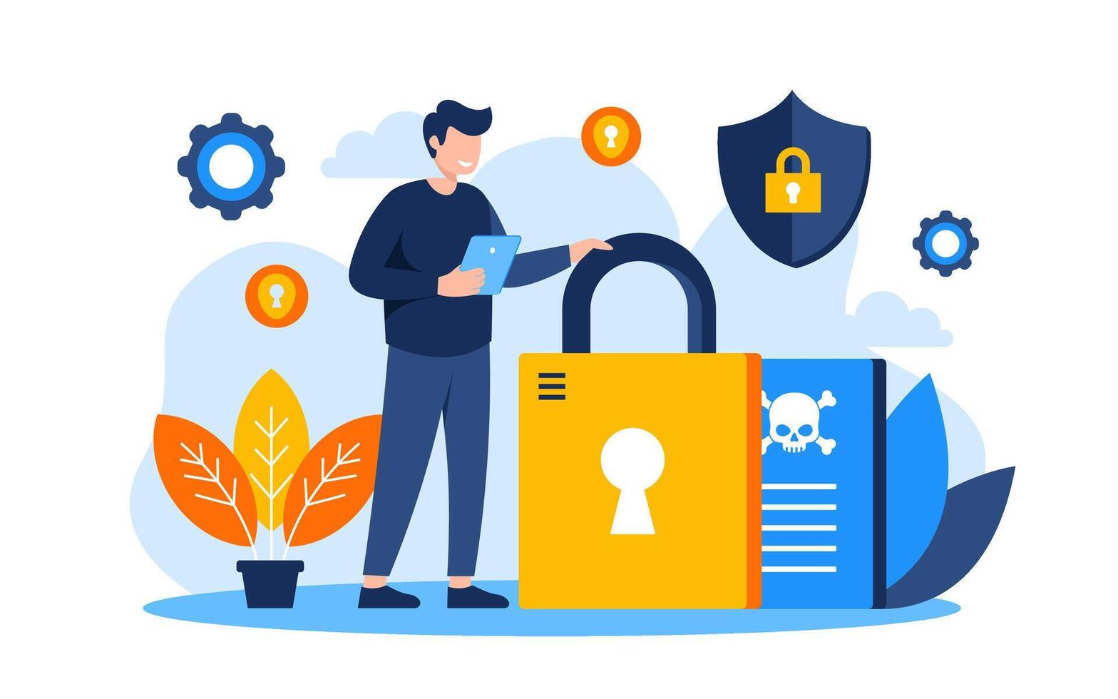 hack lock man standing Cyber Crime Flat Concept Illustration vector
