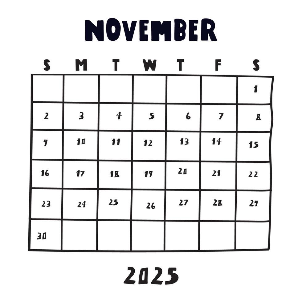 Calendar. November 2025. Black color. illustration on white background. vector