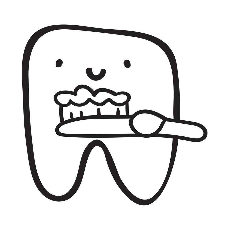 Cute tooth with toothbrush. Outline design. Hand drawn illustration on white background. vector
