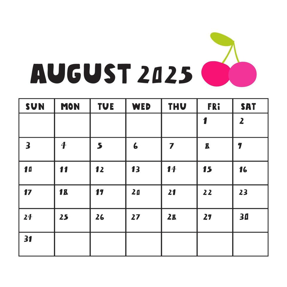 Summer calendar for August 2025. hand drawn illustration on white background. vector