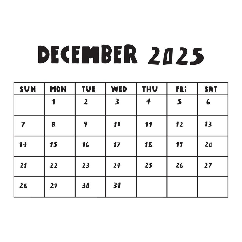December 2025. Simple planner. Calendar. Hand drawn illustration on white background. vector