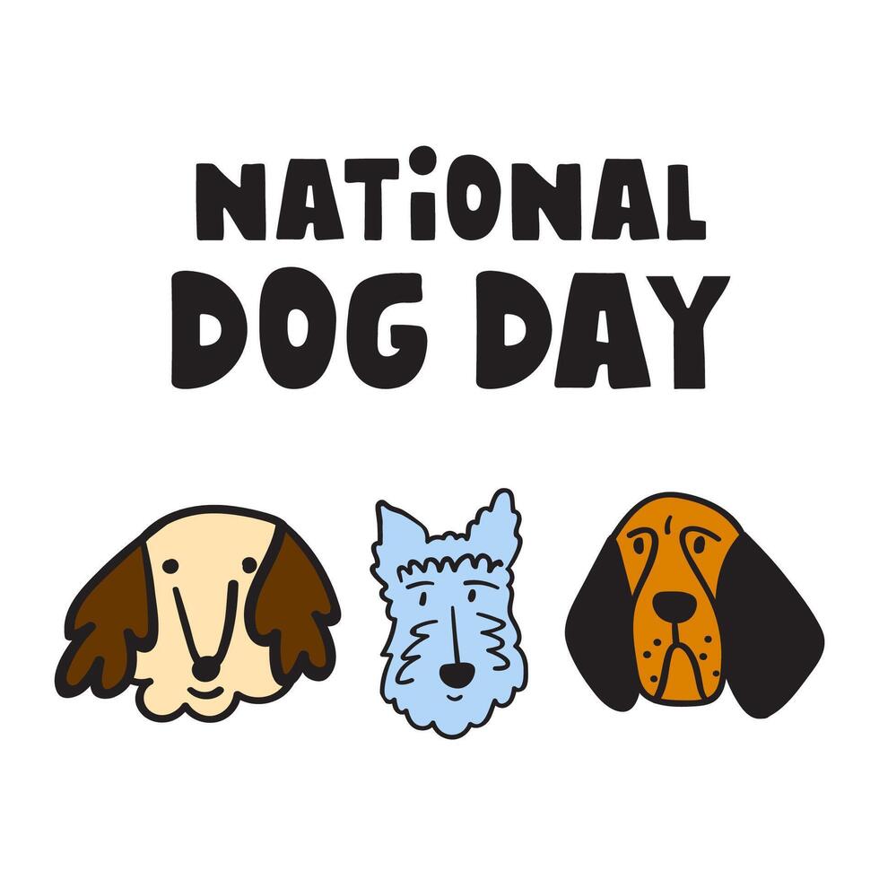Three dog faces. National dog day. Banner. Flat design on white background. vector