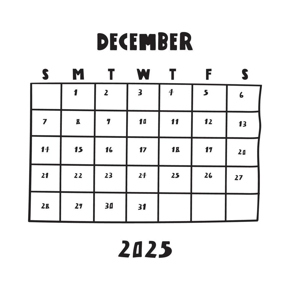 December 2025. Hand drawn calendar. illustration on white background. vector