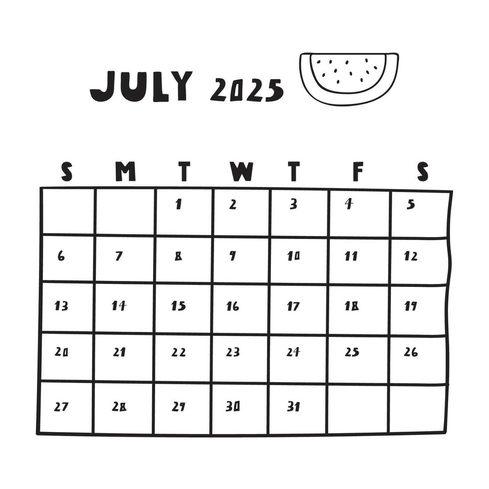 Calendar for July 2025. illustration on white background. vector