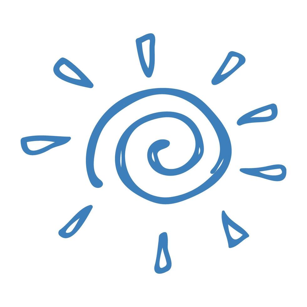 Hand drawn blue sun icon in doodle style. Mediterranean summer element for italian menu, wedding, prints, invitation. Ink sketch design of summer beach. Flat tropical minimalist isolated illust vector