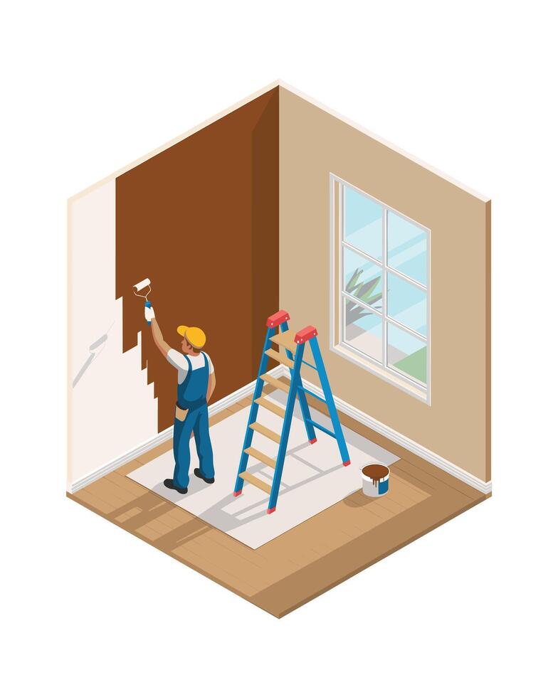 Isometric illustration of a painter working in a room vector