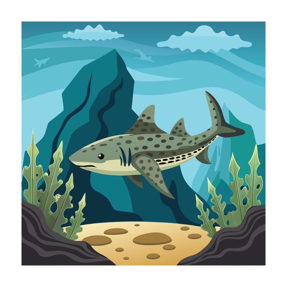 Cartoon Leopard Shark Swimming in the Ocean with Seaweed and Rocks vector