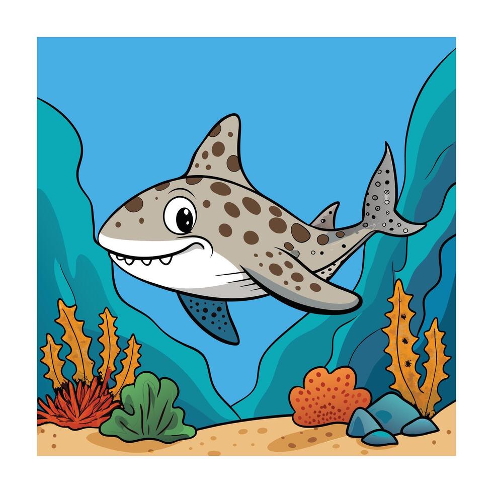 Cartoon Leopard Shark Swimming Underwater with Seaweed and Coral Reef vector