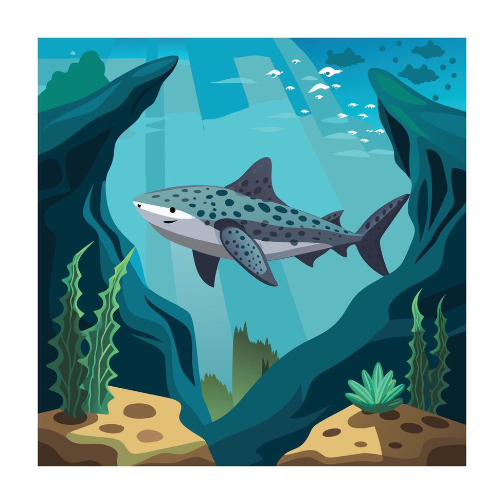 Cartoon Zebra Shark Swimming in Ocean, Underwater Cave Ecosystem Illustration vector