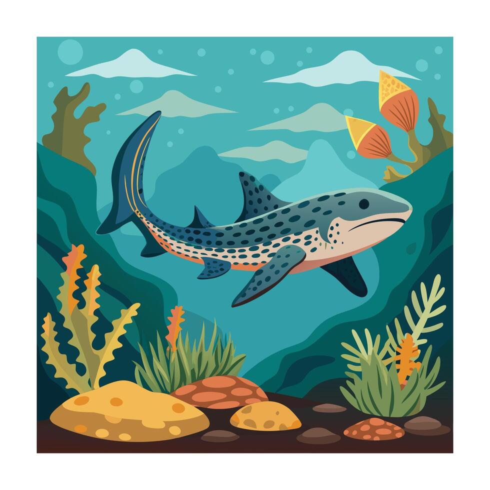 Leopard Shark Swimming in a Cartoon Underwater Environment with Rocks and Plants vector